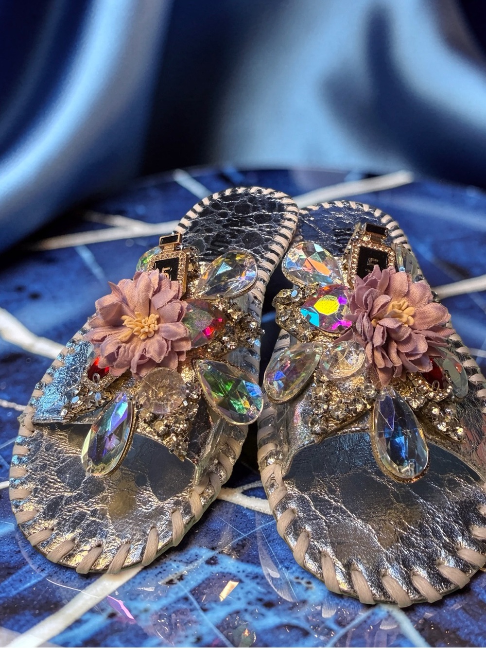 Crystal-Embellished Silver Floral Slide Sandals